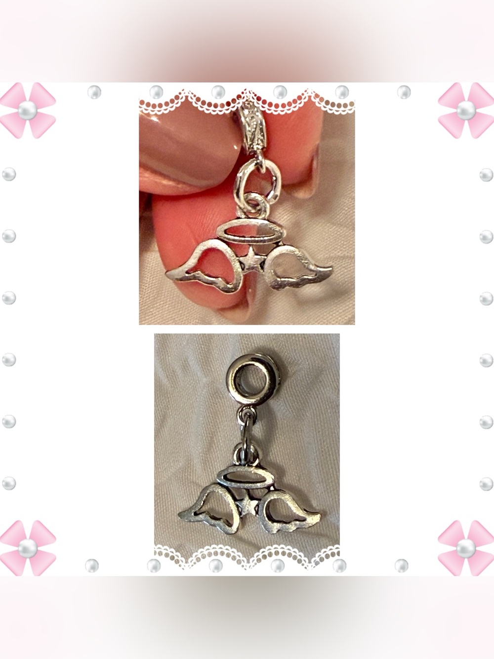 Charm / pendant - angel wings and halo w/star - silver tone st steel - New!